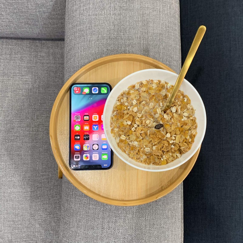 Xchouxer Side Tables Natural Bamboo Sofa Armrest Clip-On Tray, Ideal for Remote/Drinks/Phone (Round) - Image 3
